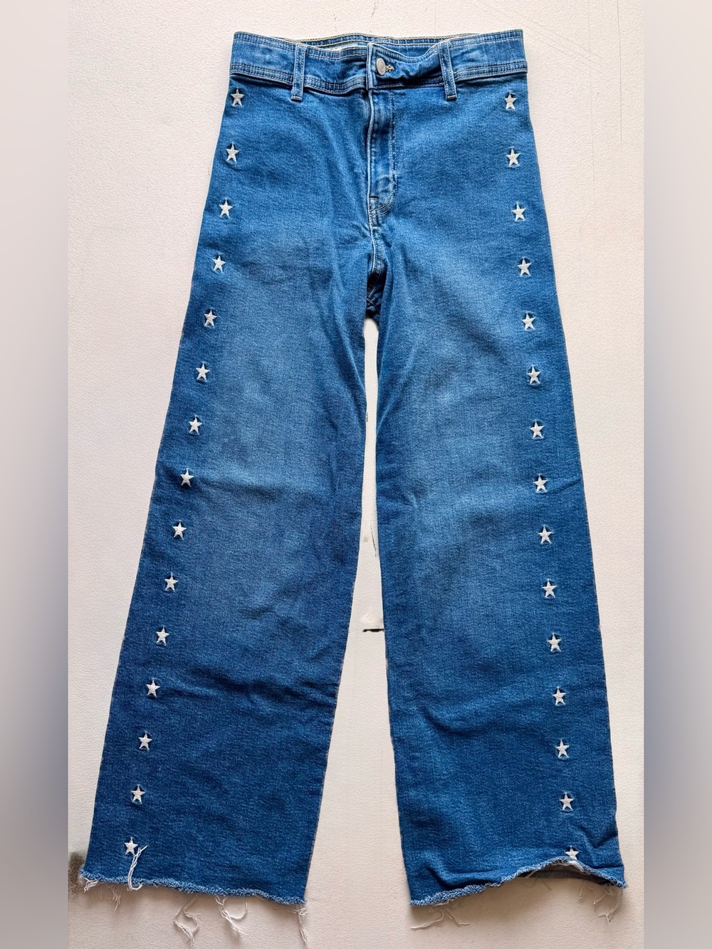 Zara Embroidered Star Wide Leg Raw Hem Jeans